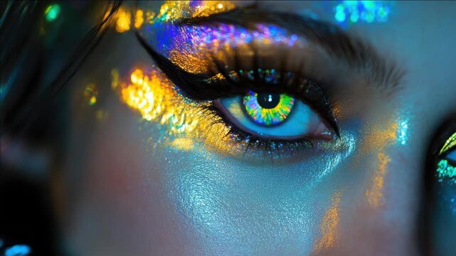 A stunning close-up of a person with vibrant eye makeup featuring colorful pigments and glitter. The eye features dramatic eyeliner and mascara accents that create an alluring and artistic look.