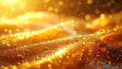 Naklejka premium Abstract close-up of golden liquid droplets glistening under brilliant, warm light bokeh.