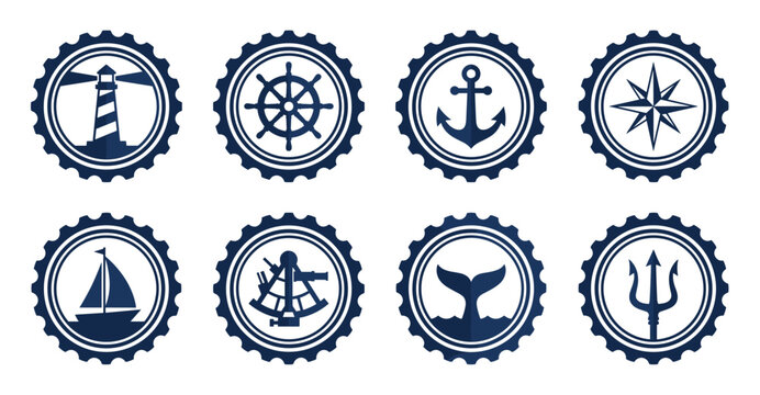 Flat Nautical Icon Stamp Collection with Scalloped Edges for Marine Branding and Ocean Themed Scrapbooking Assets