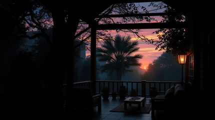 An anime-style illustration featuring beautiful natural landscapes, a cozy house with a garden and lounge area, illuminated by the setting sun. Lo-fi style, evening relaxation.