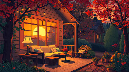An anime-style illustration featuring beautiful natural landscapes, a cozy house with a garden and lounge area, illuminated by the setting sun. Lo-fi style, evening relaxation.