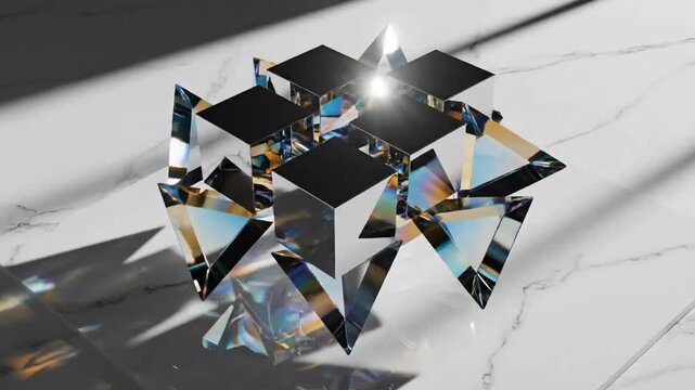 Overhead view of interlocking geometric shapes floating above a flat surface