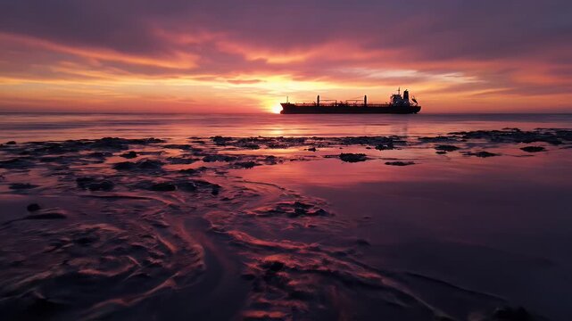 Cargo Ship at Dramatic Sunset - A cargo ship is silhouetted against a vibrant sunset over the ocean. The foreground shows a textured tidal flat reflecting the colorful sky.