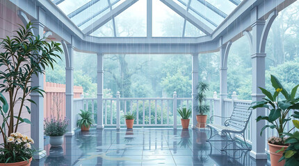 An anime-style illustration featuring beautiful natural landscapes, a cozy house with a garden and lounge area, illuminated by the setting sun. Lo-fi style, evening relaxation.