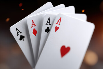 Four aces of playing cards. Concept of winning and gamble. Entertainment and luck for casino game.