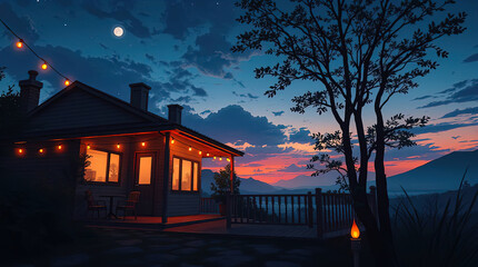 An anime-style illustration featuring beautiful natural landscapes, a cozy house with a garden and lounge area, illuminated by the setting sun. Lo-fi style, evening relaxation.