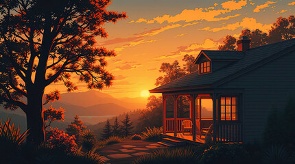An anime-style illustration featuring beautiful natural landscapes, a cozy house with a garden and lounge area, illuminated by the setting sun. Lo-fi style, evening relaxation.