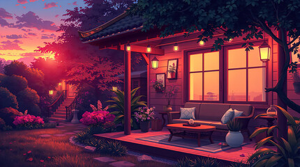 An anime-style illustration featuring beautiful natural landscapes, a cozy house with a garden and lounge area, illuminated by the setting sun. Lo-fi style, evening relaxation.
