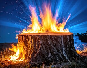 Vibrant flames erupt dramatically from a large, dark tree stump against a deep blue twilight sky.
