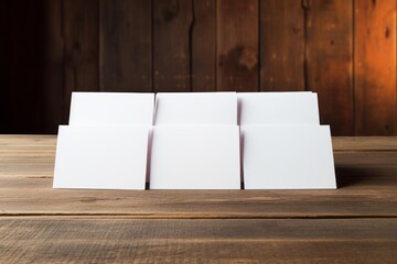 Fototapeta premium Blank business cards arranged on a textured wooden table, providing a template for branding