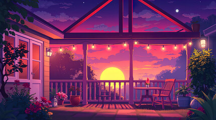 An anime-style illustration featuring beautiful natural landscapes, a cozy house with a garden and lounge area, illuminated by the setting sun. Lo-fi style, evening relaxation.
