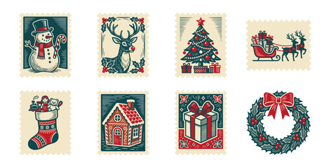 Fototapeta premium Vintage Linocut Christmas Holiday Postage Stamp Collection for Winter Seasonal Stationery and Gift Wrap