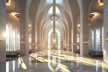Naklejka premium Empty modern mosque interior with sunlight shining through large windows and elegant chandelier