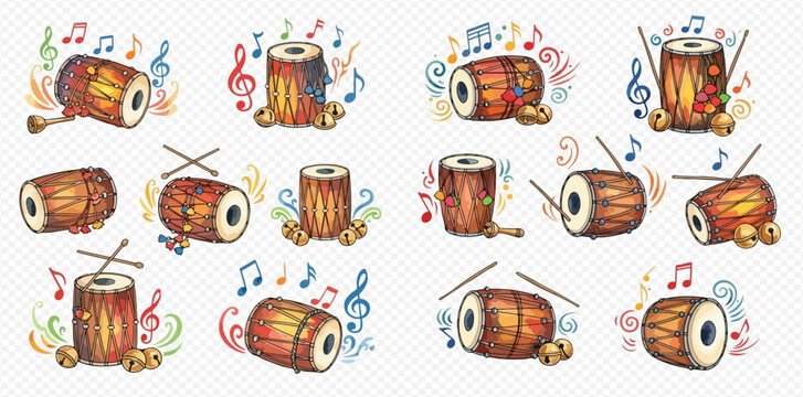 Set of traditional Indian Dholak drums with musical notes and decorative elements, hand-drawn vector illustration.
