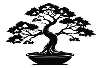 bonsai tree silhouette line art vector illustration with a white background