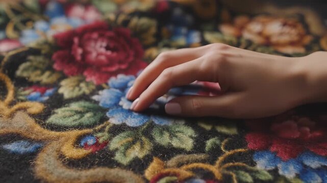 Female hand gently touching a traditional woolen fabric with intricate floral patterns for textile heritage concept and artisanal craftsmanship close-up