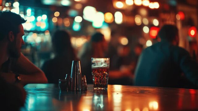People enjoying drinks at the bar with blurred city lights