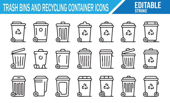 Line art trash and recycling bin icons set with editable stroke.