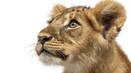 Closeup of a lion cubs face isolated on transparent background looking left