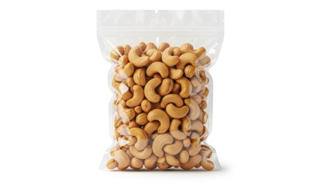 A clear plastic bag filled with cashew nuts
