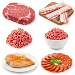 Assorted varieties of raw meats displayed on white background
