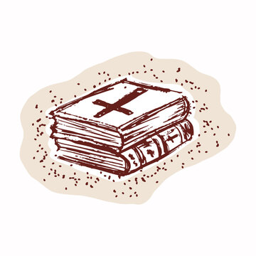  Hand drawn pretty stack of bibles in black and white sticker illustration. Flat isolated editable vector motif for bible study flyer, journaling motif. Christian religious picture for bookstore