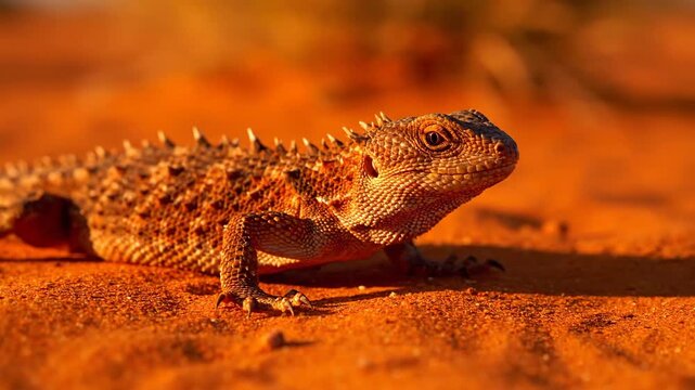 Thorny Devil Lizard Walking on Red Sand Desert Ground
