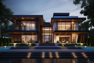 Obraz premium Contemporary villa exterior featuring illuminated pool and dark sky