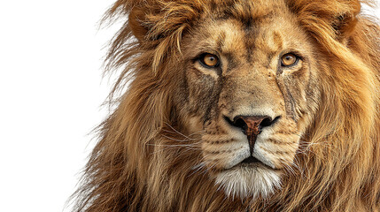 Closeup portrait of a majestic lion isolated on transparent background with a regal mane