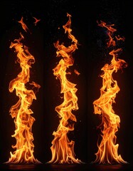 Three towering columns of vibrant orange fire against a deep black background.