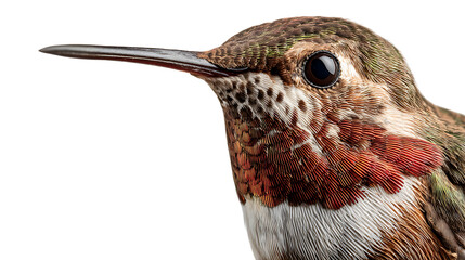 Closeup of a hummingbirds head and neck isolated on transparent background