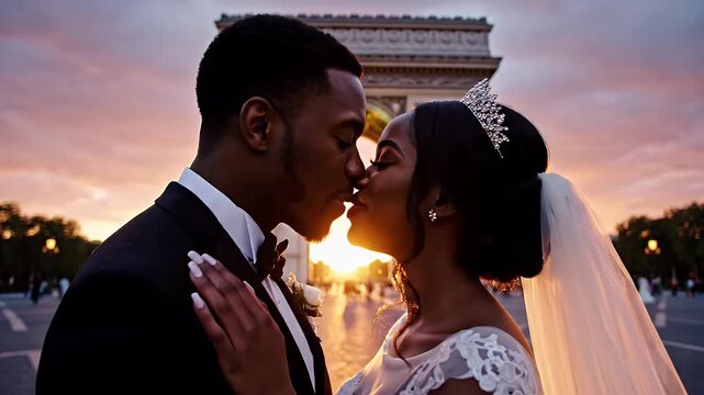 Romantic Paris Wedding at Sunset - A beautiful African American couple, dressed in wedding attire, shares a kiss in front of the Arc de Triomphe in Paris at sunset.