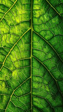 Vibrant close-up of bright green leaf venation structure under light.