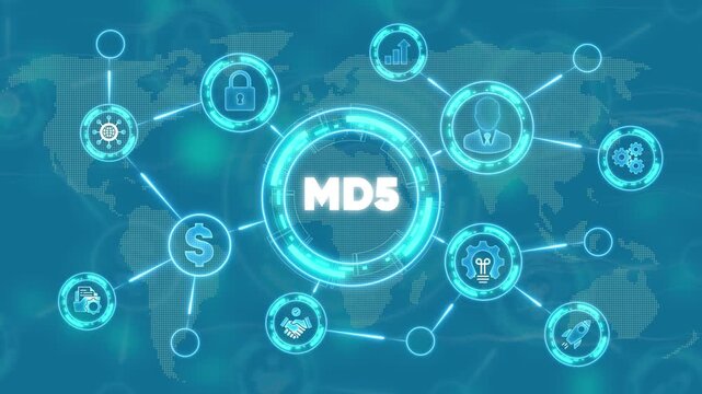 M D5 Concept with and Map Background Representing Global Digital Security and Data Integrity