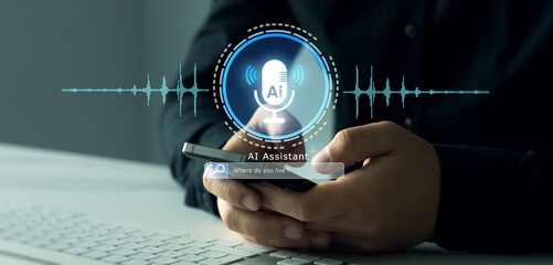 AI assistant voice chat interface. Digital communication, speech recognition, and smart technology enabling natural conversation.Person interacting through microphone with AI Agent voice chat	
