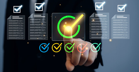 Man doing online data checklist approval documents. Fast checklist,clipboard task business management.Productivity checklist and filling survey form online