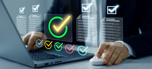 Man doing online data checklist approval documents. Fast checklist,clipboard task business management.Productivity checklist and filling survey form online