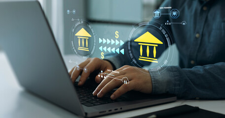 Banks financial transfer money. Bank transfer concept, showing currency connected global financial transactions.Online banking operations and interbank digital payment.	
