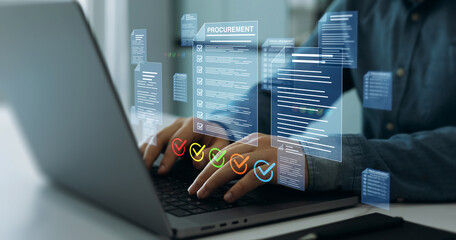 Procurement document and invoice workflow in business. Corporate paperwork,approval,compliance and finance process,showing digital management, control, efficiency and professional office operations.