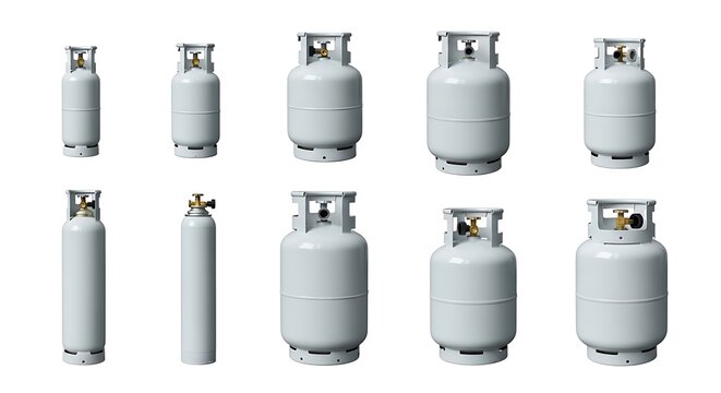 Collection of various white gas cylinders and propane tanks isolated on a white background