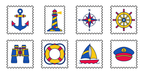Fototapeta premium Flat Line Art Nautical Icon Postage Stamp Collection for Maritime Travel and Sailing Graphics