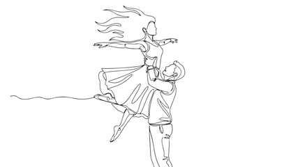 Fototapeta premium Couple in a dynamic dance pose, one person lifted high by the other, depicted in continuous line art