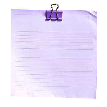 A light purple lined paper with a purple clip, against a black background