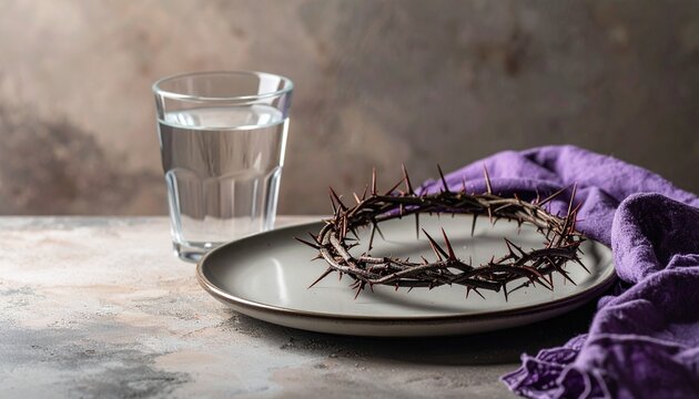 Fastenzeit &ndash; Leerer Teller mit Dornenkranz und Wasser als Symbol f&uuml;r christlichen Verzicht und Bu&szlig;zeit