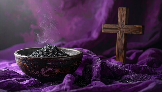 Fastenzeit und Aschermittwoch &ndash; R&auml;uchernde Asche mit Holzkreuz auf violettem Tuch als Zeichen von Bu&szlig;e und Verg&auml;nglichkeit