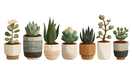 A row of eight potted succulents on transparent background with various patterns