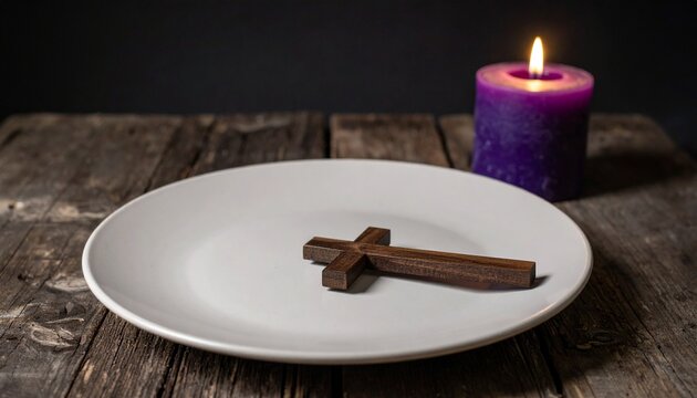 Fastenzeit &ndash; Leerer Teller mit Holzkreuz und violetter Kerze als Symbol f&uuml;r christlichen Verzicht und Bu&szlig;zeit
