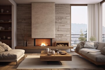 Naklejka premium Minimalist living room featuring a concrete fireplace and mountain view