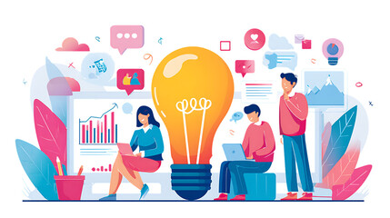 People having ideas with lightbulb and social media icons floating around them isolated on transparent background