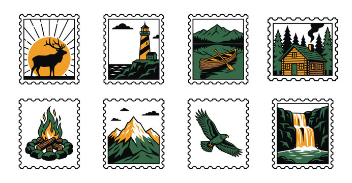 Vintage Outdoor Adventure Postage Stamp Collection for Wilderness Scrapbooking and Travel Stationery